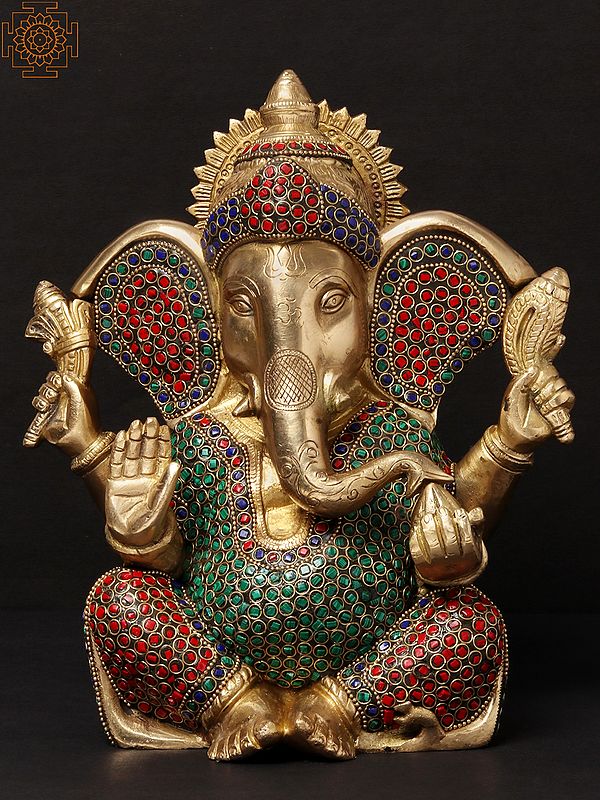 11'' Four-Handed Blessing Ganesha | Brass With Inlay Work
