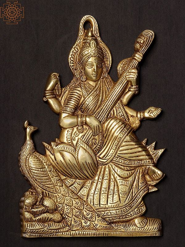 9'' Goddess Saraswati Wall Hanging Brass Statue