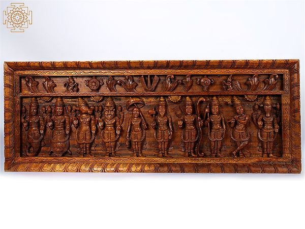 52'' Large Dashavatara With Vaishanava Symbol | Wooden Panel | Wall Hanging