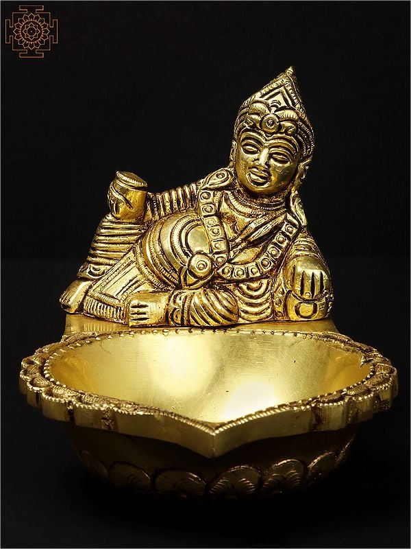 5'' Hindu God Kubera With Oil Lamp | Brass