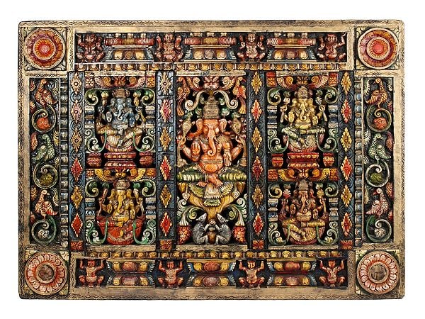 48" Large Colorful Sitting Chaturbhuja Lord Ganeshas | Wooden Panel