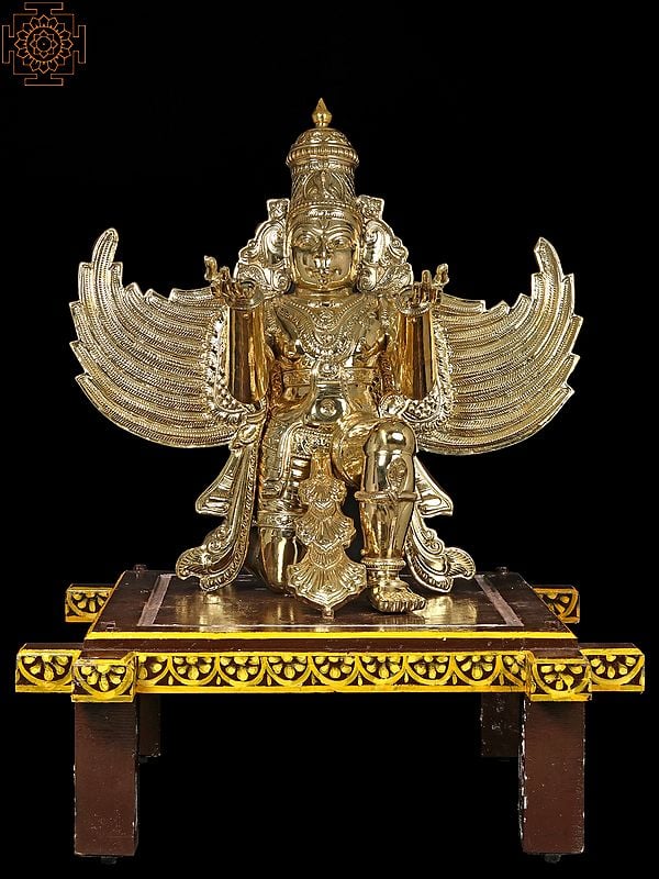 49" Large Garuda - Vahana of Lord Vishnu in Brass on Wooden Pedestal