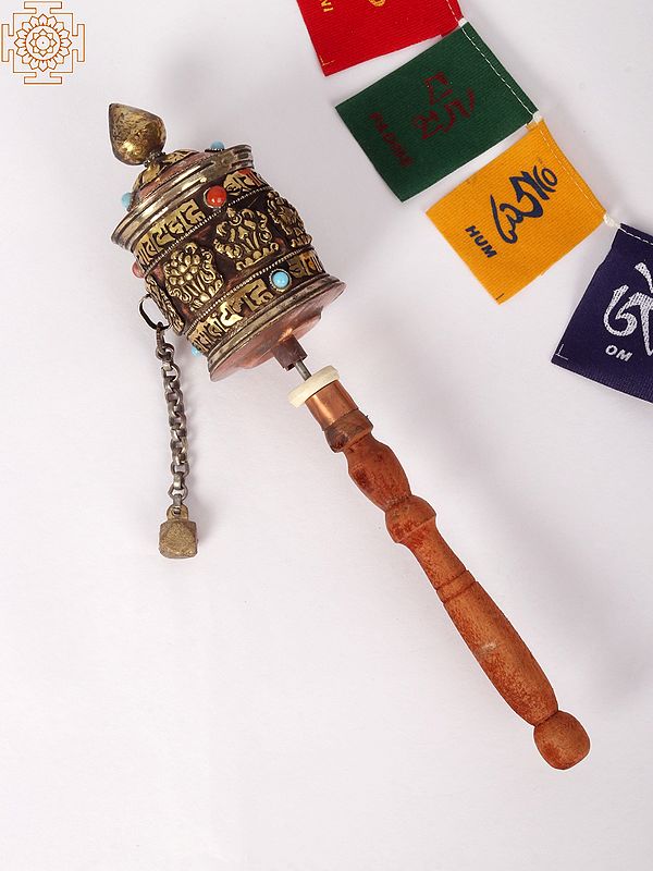9'' Ashtamangala (Eight Auspicious Symbol) Prayer Wheel | Copper and Wood | From Nepal