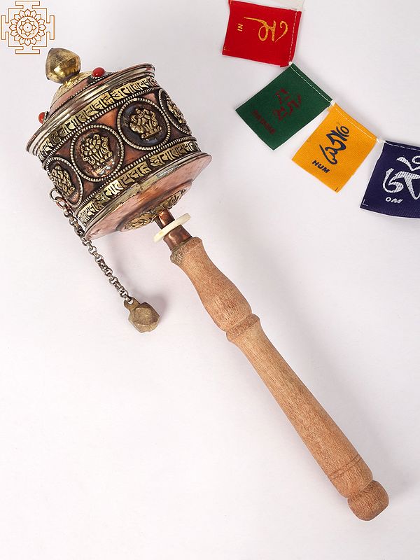 13'' Prayer Wheel With Eight Auspicious Symbols | Copper and Wood | From Nepal
