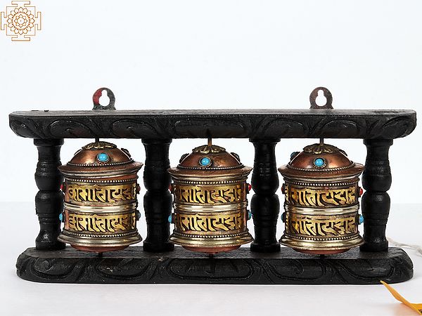 10'' Three Prayer Wheels on Stand With Stone Work | Copper and Wood | Wall Hanging | From Nepal