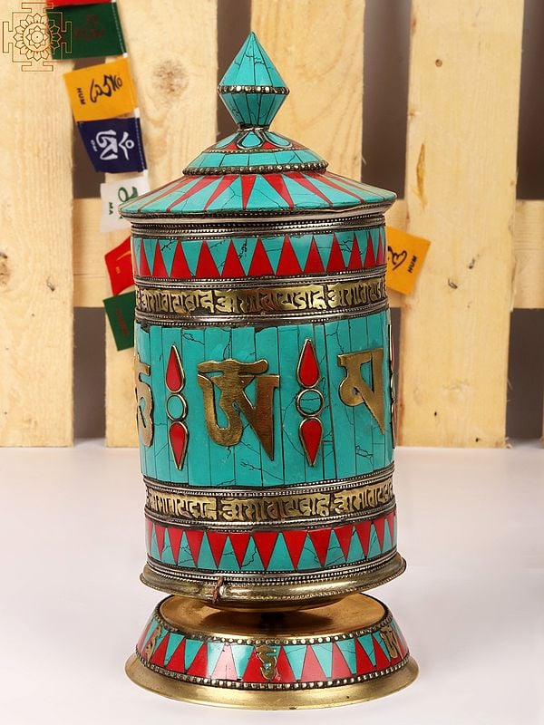 10'' Rotating Prayer Wheel with Mantras (Tibetan Script) | Brass with Inlay Work | From Nepal