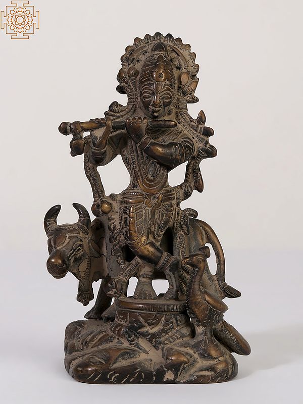 4" Small Lord Venugopal (Krishna) Playing Flute with Cow and Peacock