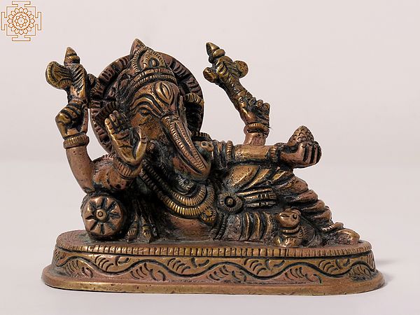 4" Small Reclining Chaturbhuja Lord Ganesha | Brass Statue