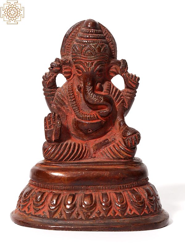3" Small Red Color Chaturbhuja Lord Ganapati Sculpture in Brass
