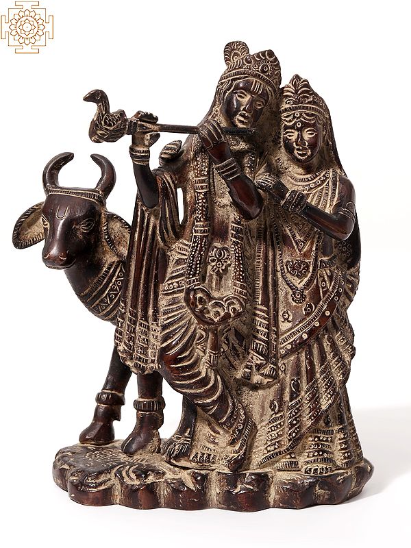 6" Standing Radha Krishna with Cow | Brass Statue
