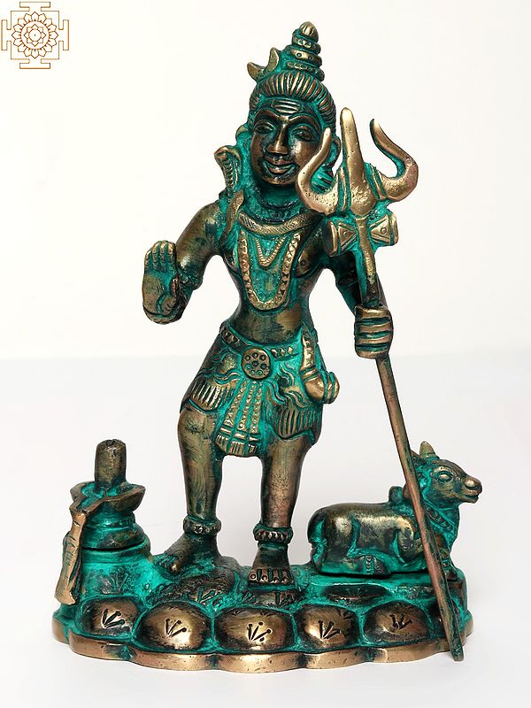 6" Standing Lord Shiva in Blessing Gesture with Nandi and Shivalinga | Brass Statue