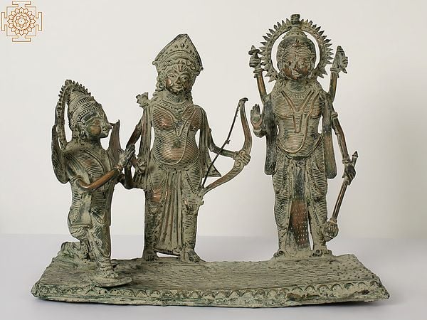 16" Tribal Statue of Lord Rama as Vishnu, Lakshman and Garuda in Brass