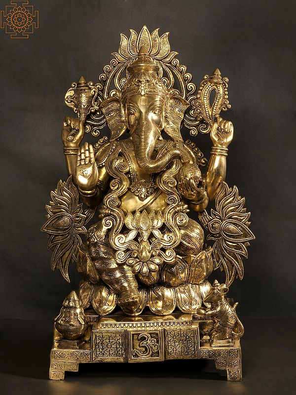 25" Chaturbhuja Lord Gananpati Brass Statue Seated on Lotus