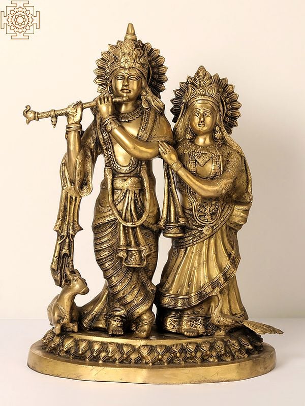22" Divine Pair of Radha Krishna Brass Statue with Cow and Peacock