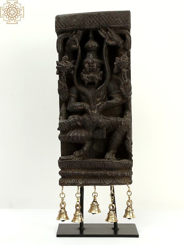 19" Wooden Carved Lord Narasimha with Dangling Bells in Brass