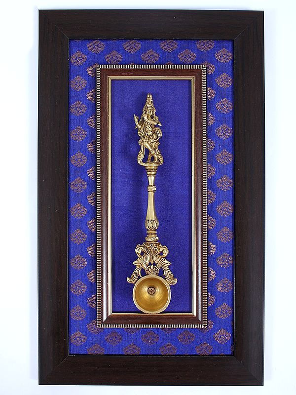 17" Wooden Framed Lord Krishna Ritual Spoon in Brass | Wall Hanging