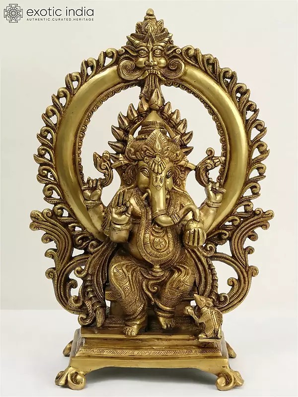 16" Brass Lord Ganesha Seated on Kirtimukha Throne