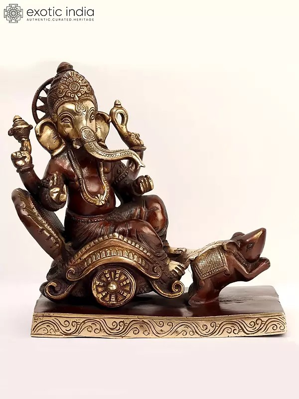 12" Lord Ganesha Brass Statue on Mushak Sawari