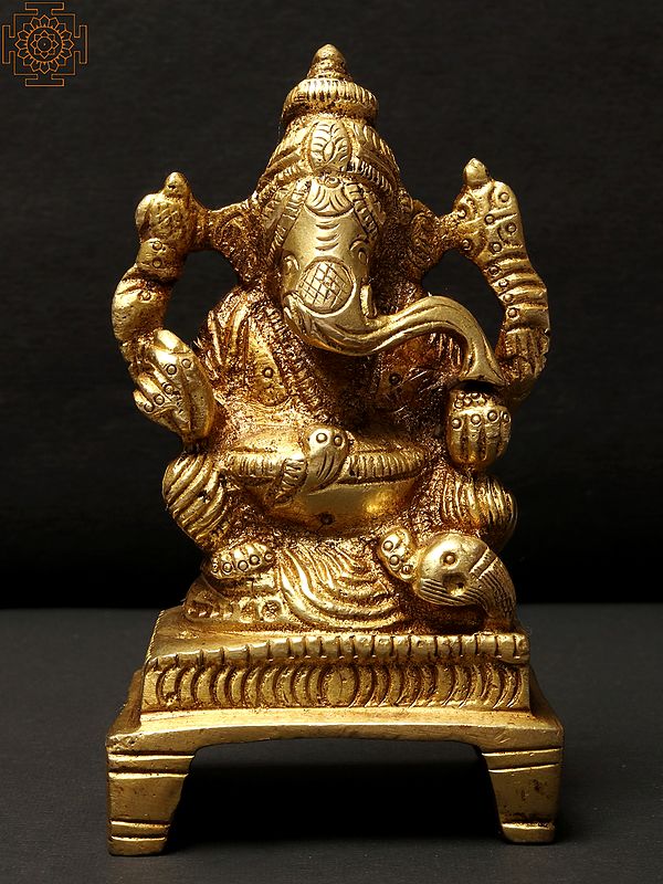 3" Small Chaturbhuja Lord Ganapati Brass Statue Seated on Pedestal