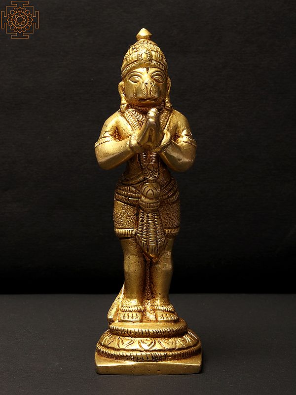 4" Small Standing Lord Hanuman Brass Statue in Namaskar Mudra