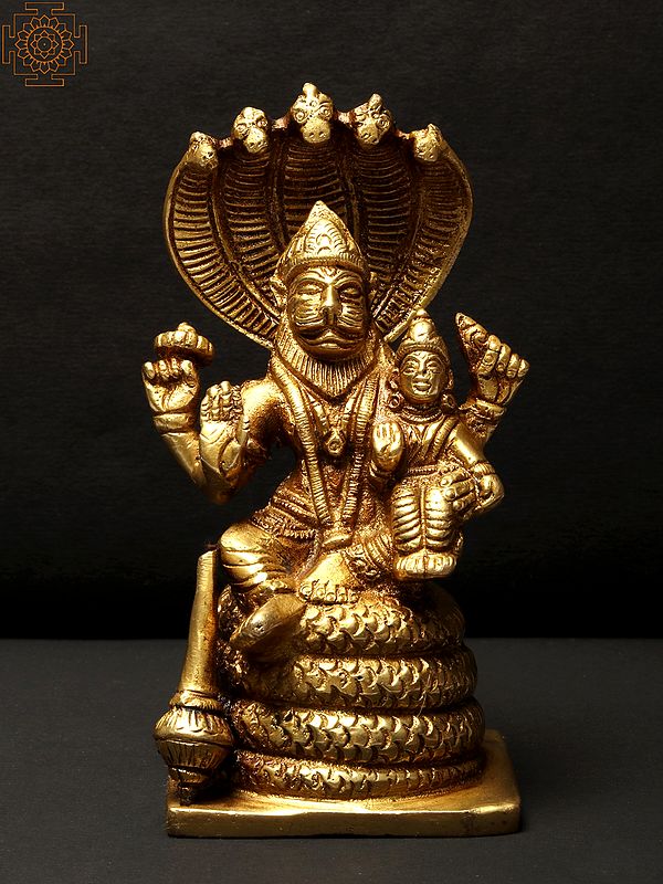 5" Small Narasimha Idol with Devi Lakshmi Seated on Sheshnag | Brass Statue