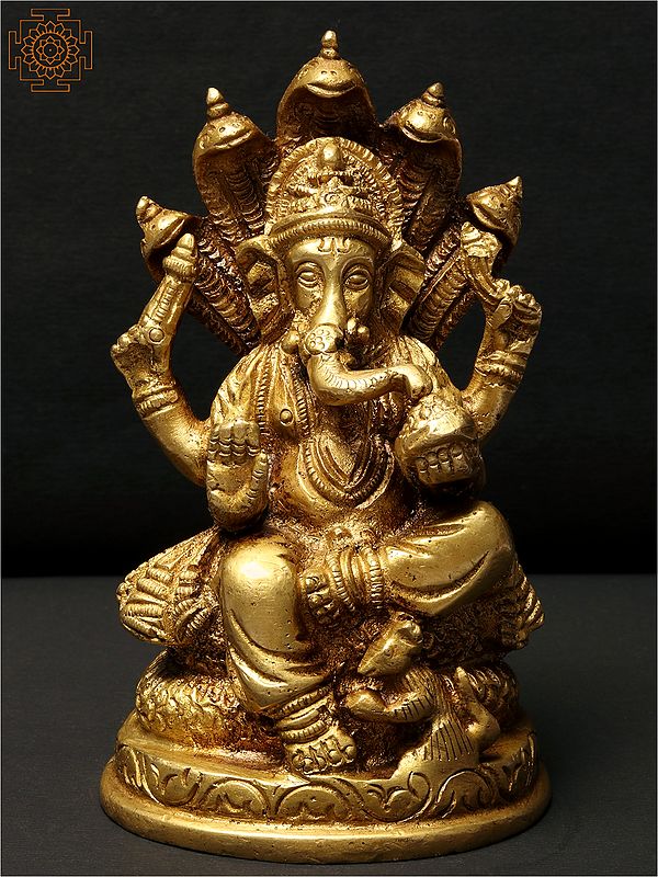5" Small Blessing Lord Ganesha Brass Statue with Protecting Sheshnag