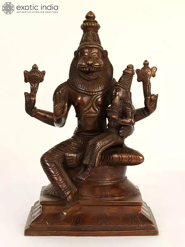 9" Brass Lord Narasimha with Goddess Lakshmi