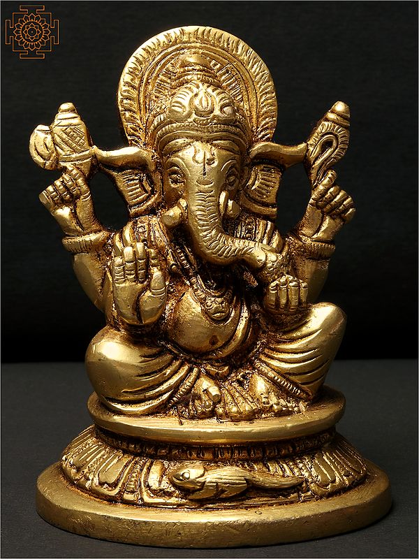 3" Small Sitting Chaturbhuja Lord Ganesha Idol | Brass Statue