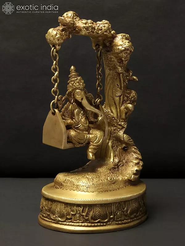 7" Lord Ganesha on Swing Brass Statue Exotic India Art
