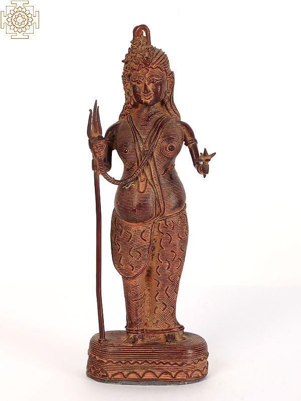 11" Tribal Ardhanarishvara Brass Statue Standing on Pedestal