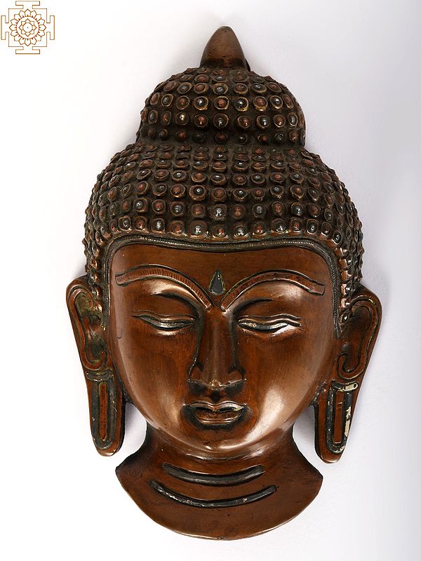 5" Small Buddha Head Wall Hanging Statue | Brass with Silver and Copper Inlay