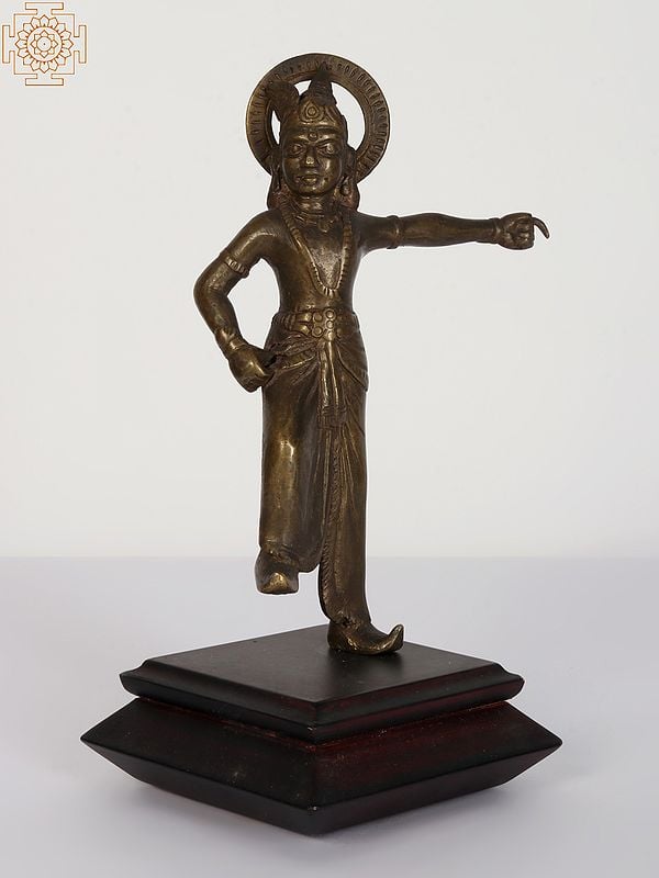 8" Lord Krishna Brass Idol Standing on Wooden Pedestal