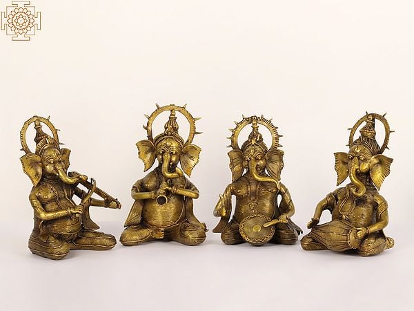 7" Tribal Musical Ganesha Brass Statues Set