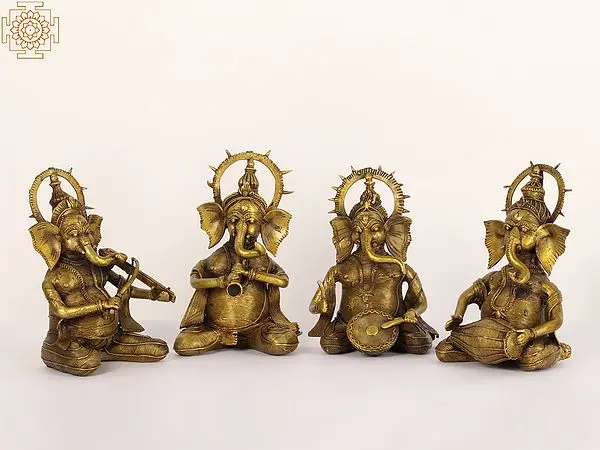 7" Tribal Musical Ganesha Brass Statues Set