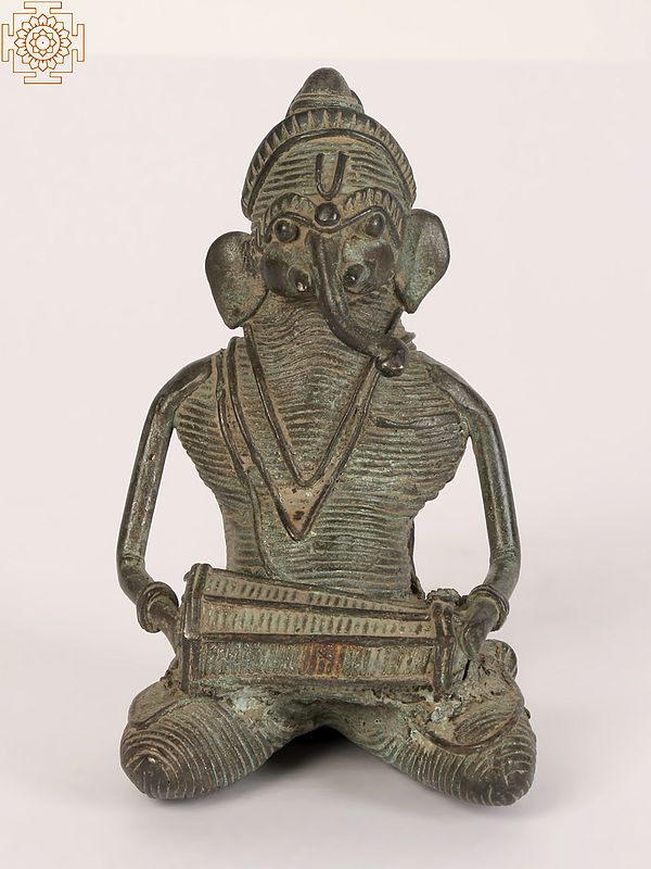 3" Small Tribal Musical Ganesha Brass Statue Playing Dholak