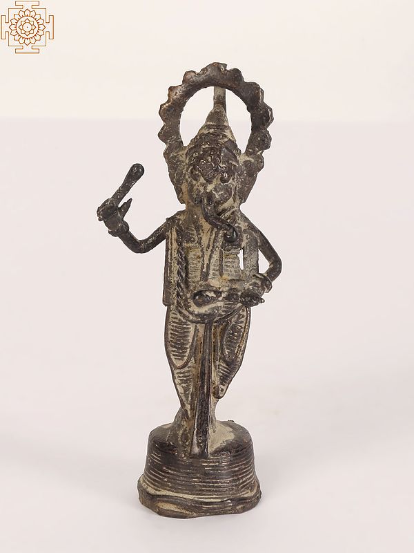 4" Small Tribal Ganesha Brass Statue Playing Drum