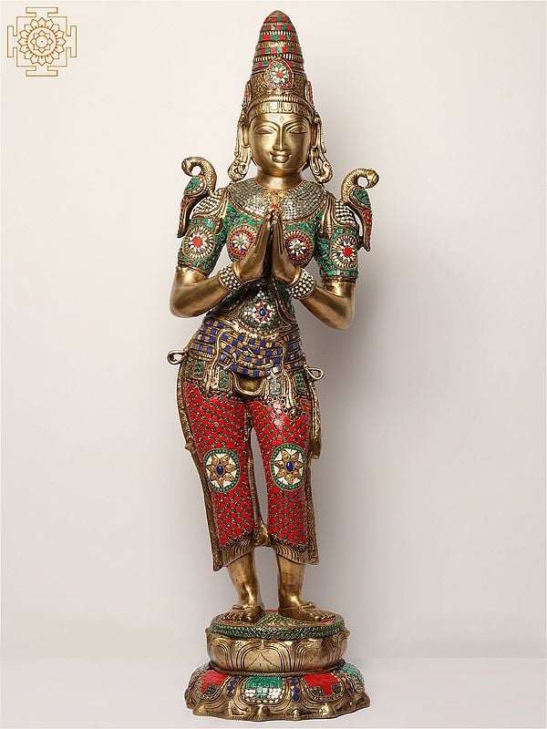 44" Large Namaste/Welcome Lady with Parrots | Brass Statue With Inlay Work