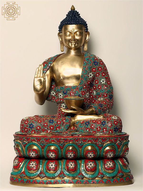 38" Large Buddha Statue in Vitark Mudra | Brass with Inlay Work