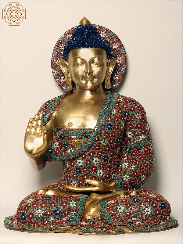 36" Large Sitting Lord Buddha in Vitark Mudra | Brass with Inlay Work