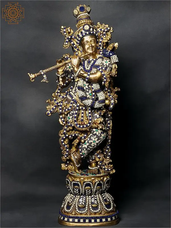 29" Lord Krishna Playing Flute | Brass Statue with Inlay Work
