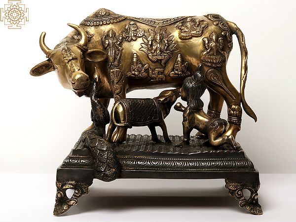 15" Kamadhenu Cow and Calf with Baby Krishna and Peacock | Brass Statue
