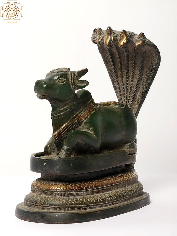 7" Seated Nandi Brass Statue with Protecting Sheshnag