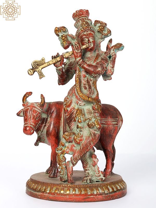 9" Brass Lord Krishna Idol Playing Flute with Cow