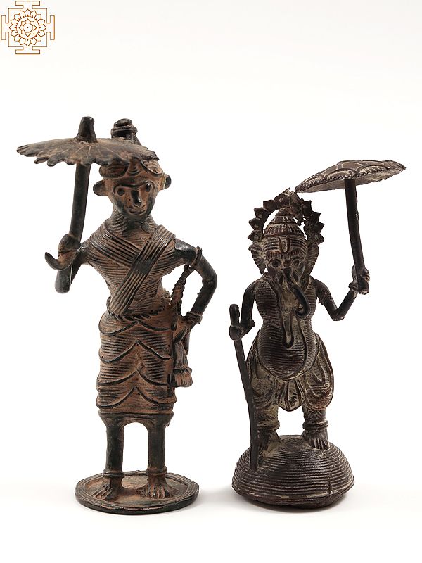 5" Small Standing Goddess Parvati Idol with Son Ganesha | Tribal Brass Statue
