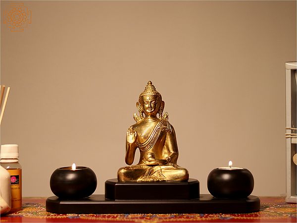 12" Brass Buddha Statue with Wooden Candle Stand