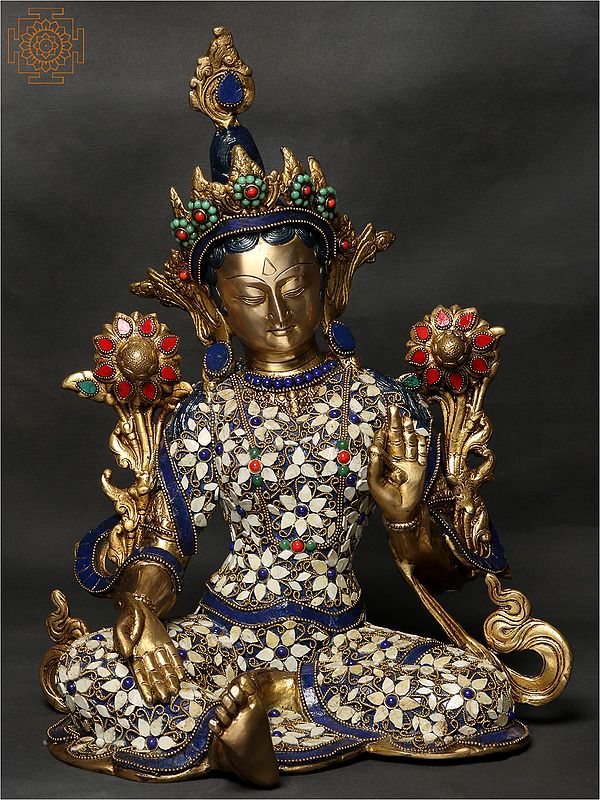 15" Goddess White Tara Brass Statue with Inlay Work