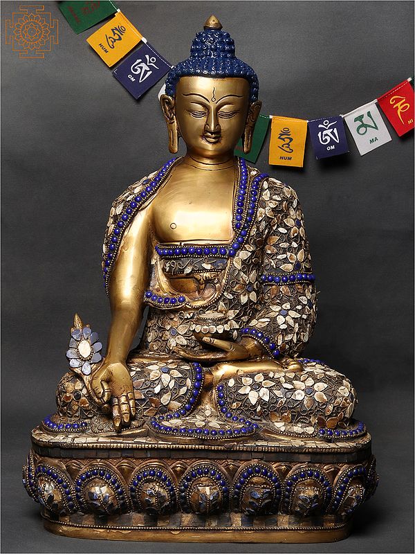 16" Tibetan Buddhist Healing Buddha (Medicine Buddha) | Brass with Inlay Work