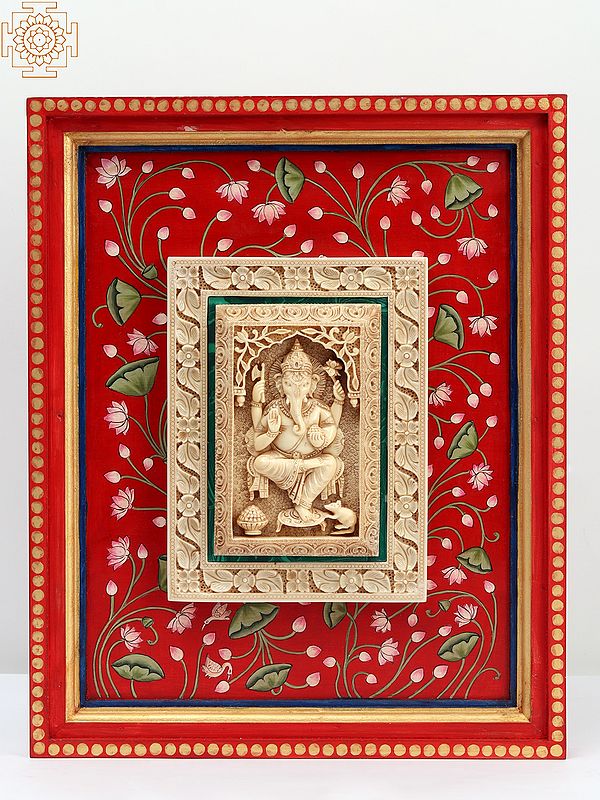 15" Framed Chaturbhuja Lord Ganesha | Wood and Resin | Wall Hanging