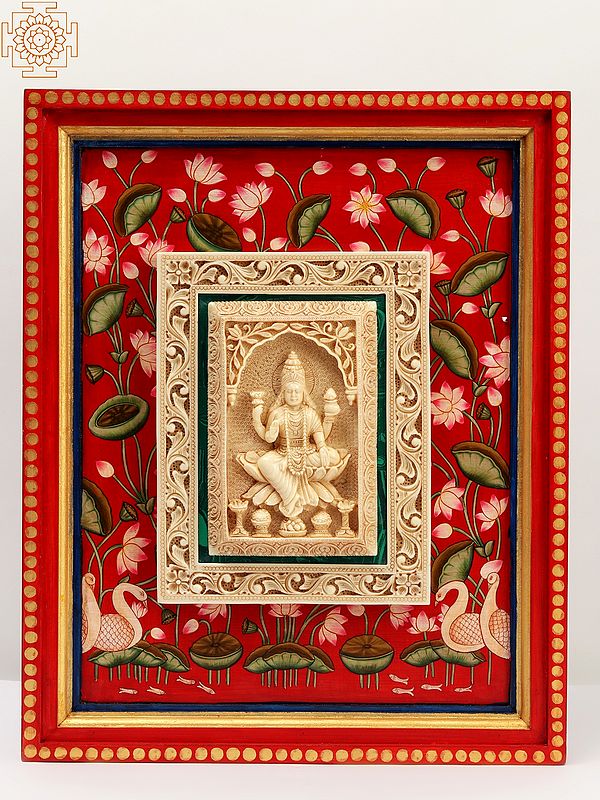 15" Goddess Lakshmi Seated on Lotus | Wood and Resin Wall Hanging Hand Painted Frame