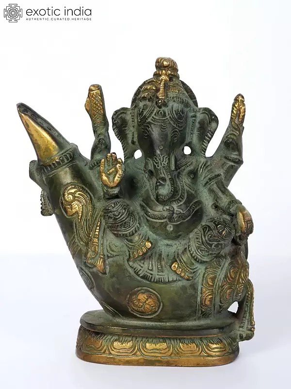7" Lord Ganesha Brass Statue Sitting on Conch Pedestal